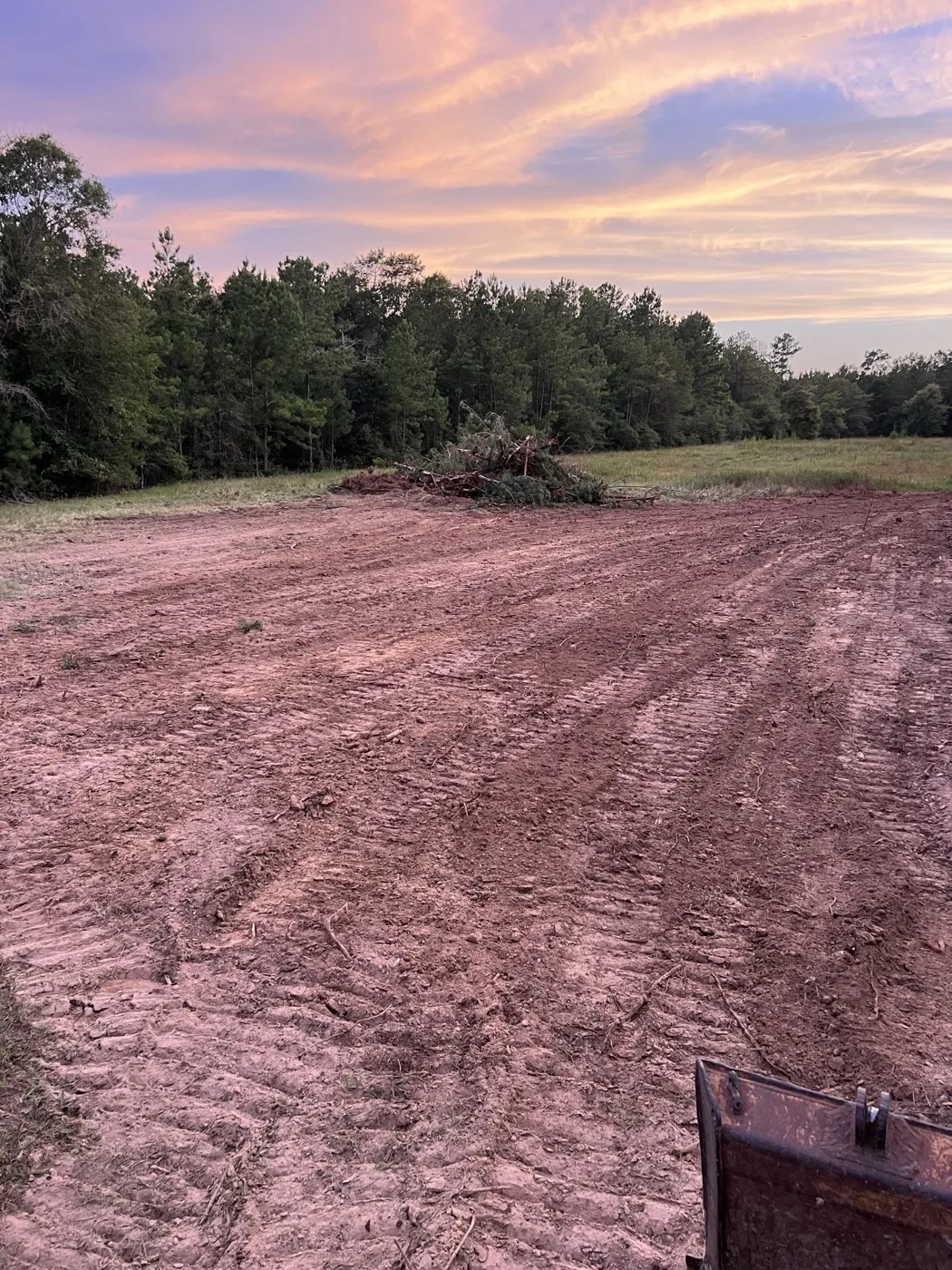 Cleared and graded field at sunset with brush piled at the tree line